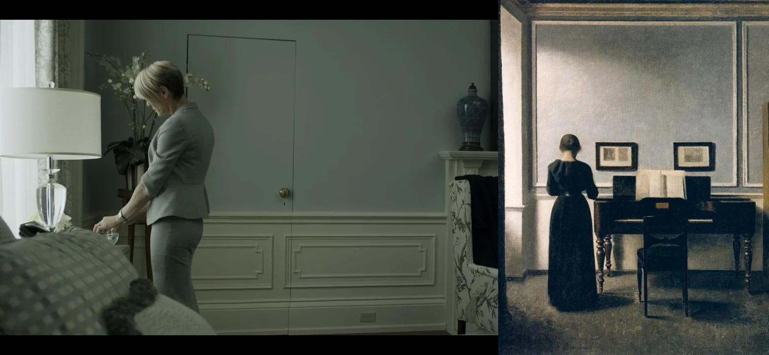 From left: scene from 'House of Cards', painting by Vilhelm Hammershoi (Interior With Piano and Woman in Black).