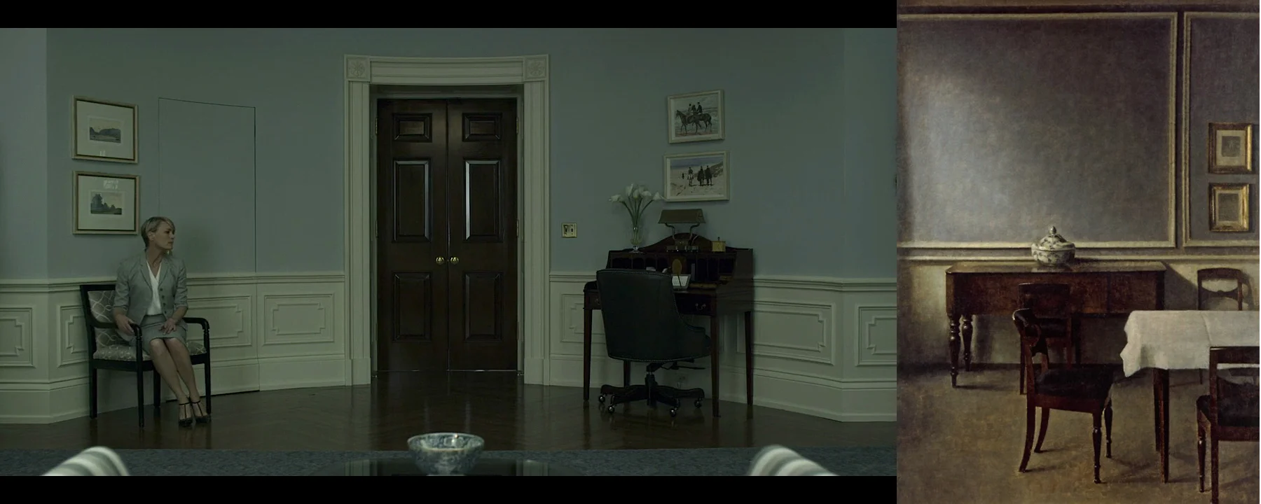 From left: Scene from 'House of Cards', painting by Vilhelm Hammershoi (interior).