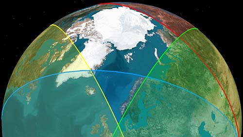 Coloured fields indicate satellite coverage. Blind-spot in the Arctic.