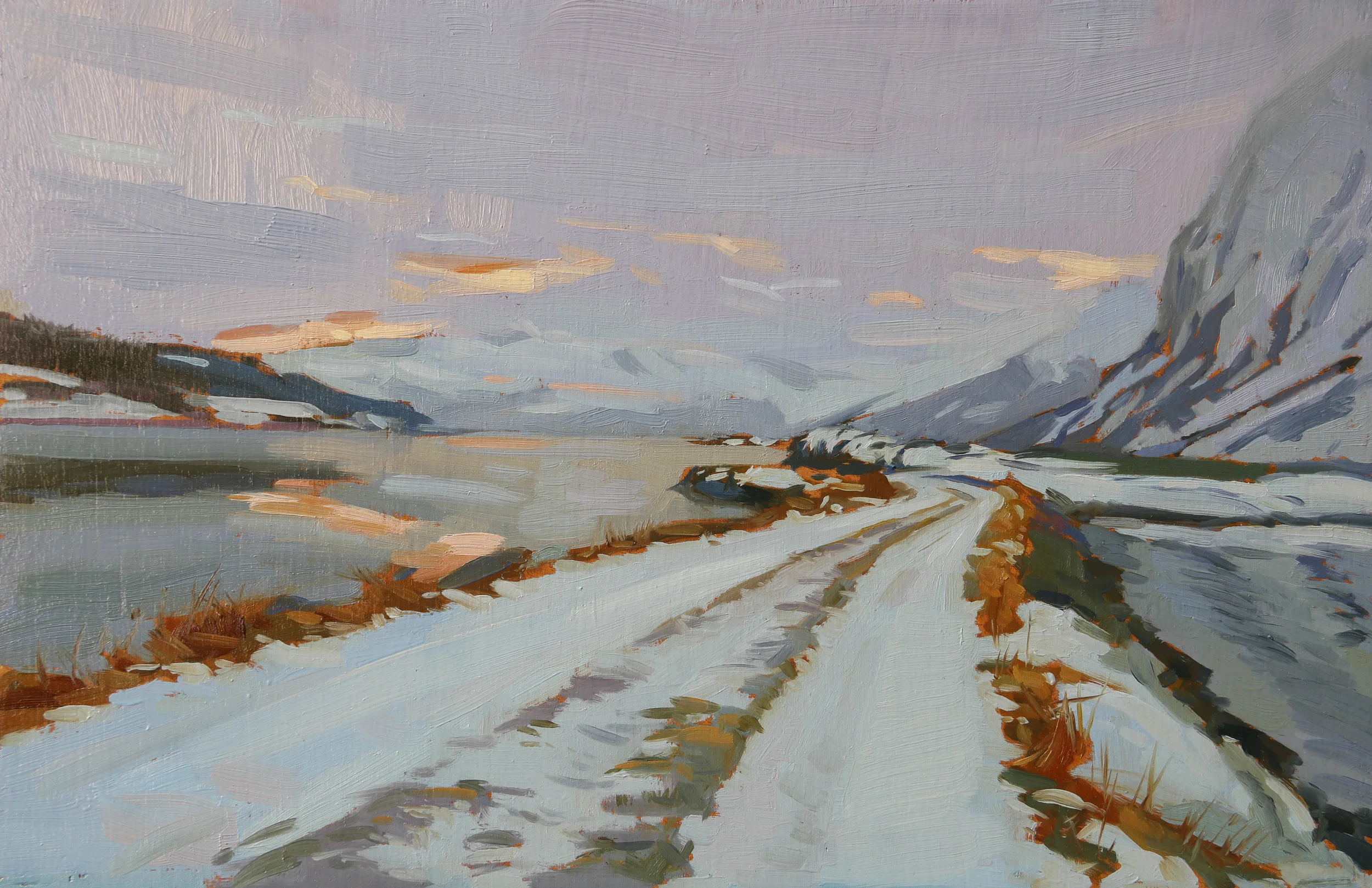 Road on Lyngen Fjord . oil on board. 20x30cm