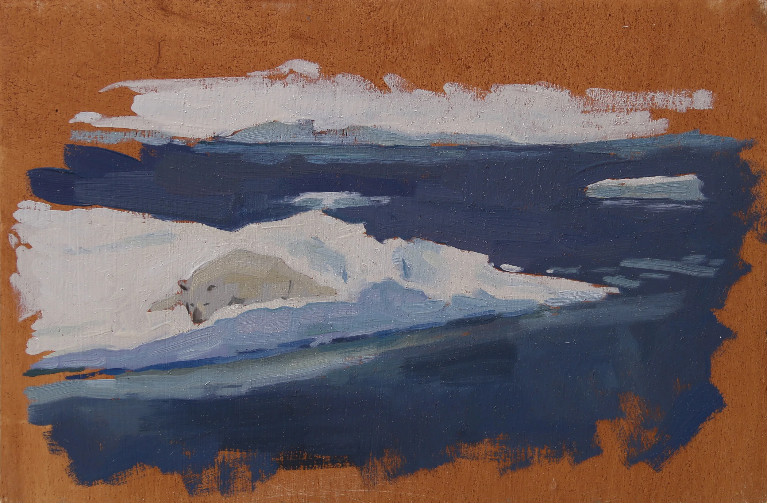  Polar bear sleeping on pack-ice. Oil on board. 20x30cm. 