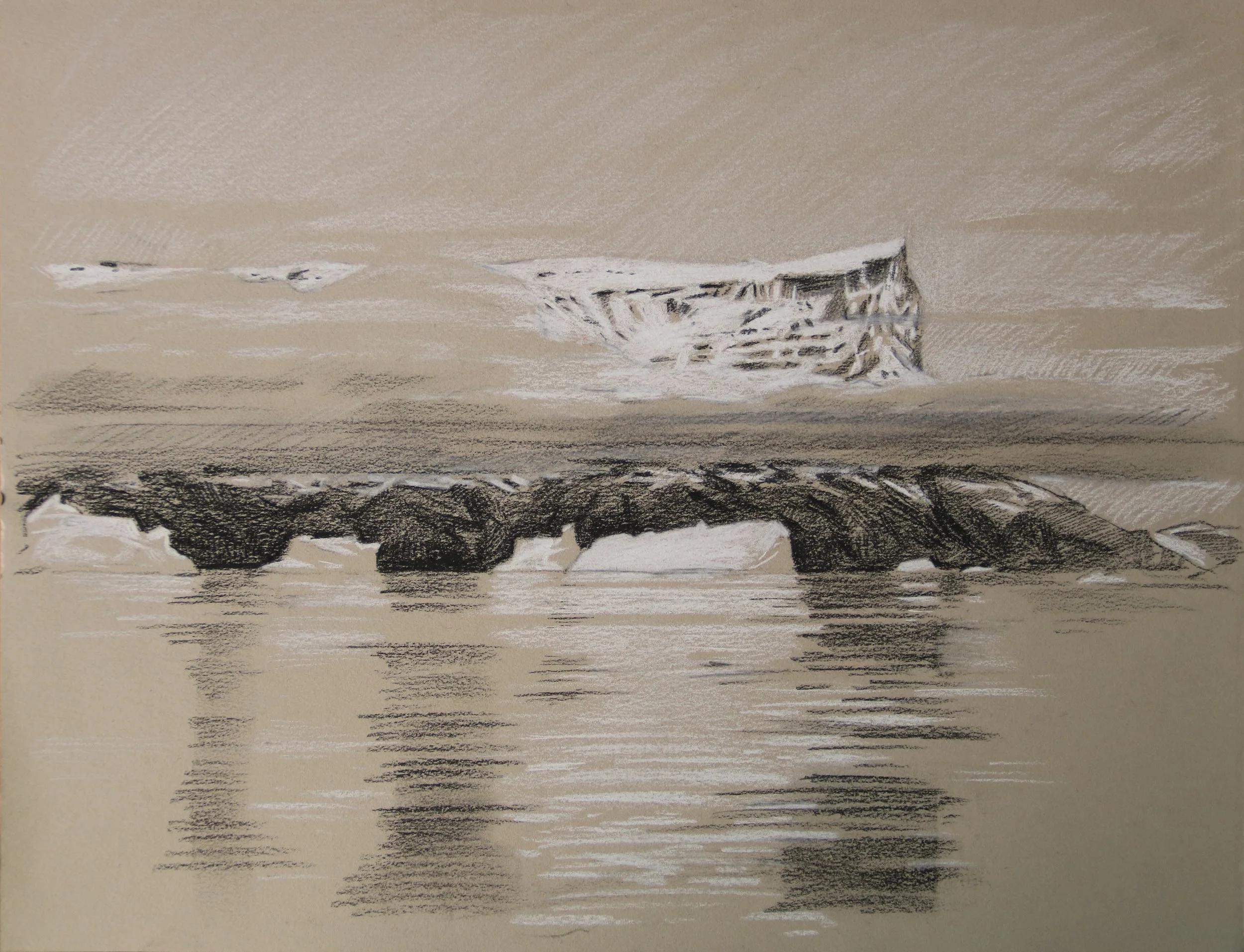  Snowy cliffs, Scoresbysund, Greenland. Charcoal &amp; white chalk on toned paper.&nbsp;25x32cm.&nbsp; 