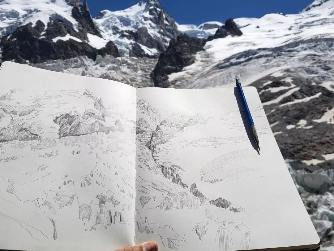 As promised, some close-ups of my travelling sketchbook studies from Mt Blanc massif and Dolomites. Why draw when I could paint? Sometimes it's practical: less to pack, lighter bag when reconnoitring. It's faster to unpack and easy to close up if I n