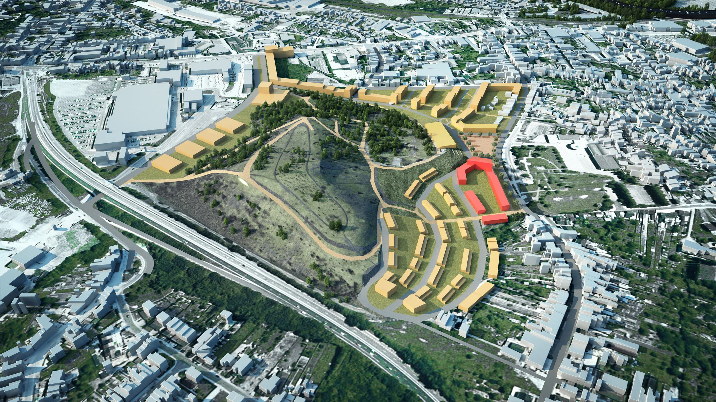 QUARTIER NOUVEAU DU SACRÉ FRANÇAIS À LODELINSART Propriété / investissement: Valimo Urbanisme: Dessin et Construction Labellisé « Quartier Nouveau » par la Wallonie, le projet porte sur un périmètre de base de 20 hectares, propriété de la société Valimo. Il est situé entre la route du Centre, la rue des Aulniats, la rue du Warchat et la rue des Français à proximité immédiate du centre-ville. Conformément aux ambitions du label, la volonté est de créer un quartier qui s’articule à la structure urbaine existante et propose des innovations en termes de participation et partenariat, d’environnement, d’accessibilité et de mobilité, de cadre de vie, de mixité sociale et de développement local. Le terril s’envisage comme le levier qui portera le caractère novateur du projet. La philosophie de cette proposition, d’habiter le terril, s’appuie sur une urbanisation qui tire parti de cette implantation singulière. Le terril offre un habitat alternatif innovant dans sa morphologie et sa manière de jouer avec les éléments naturels: le relief, le soleil, le paysage, avec comme objectif de capter une classe moyenne dans un quartier de la périphérie immédiate du centre-ville. Les équipements, infrastructures et services présents à proximité du site seront optimisés et complétés.