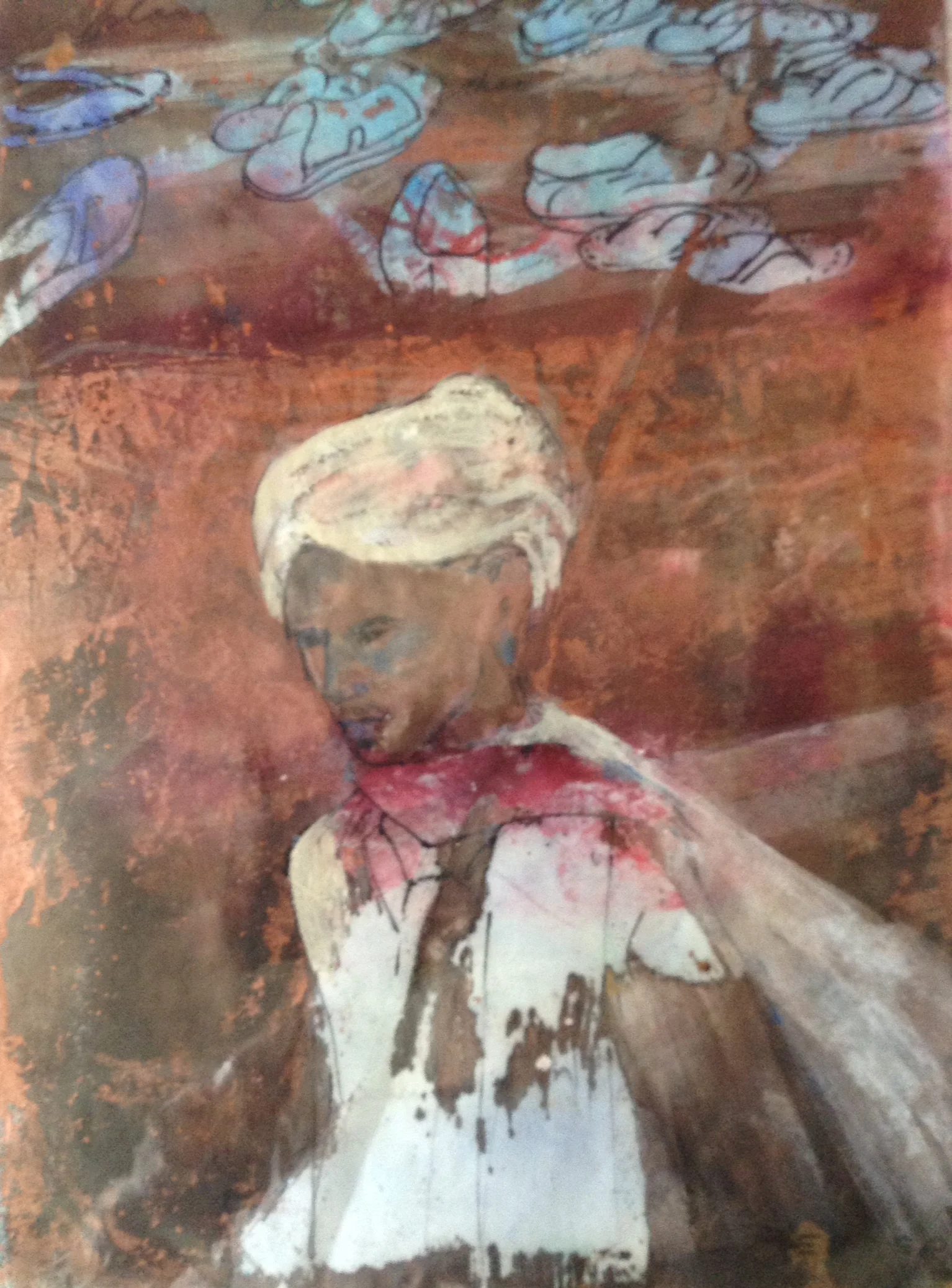 Shoe keeper India, wax resist and inks on paper 