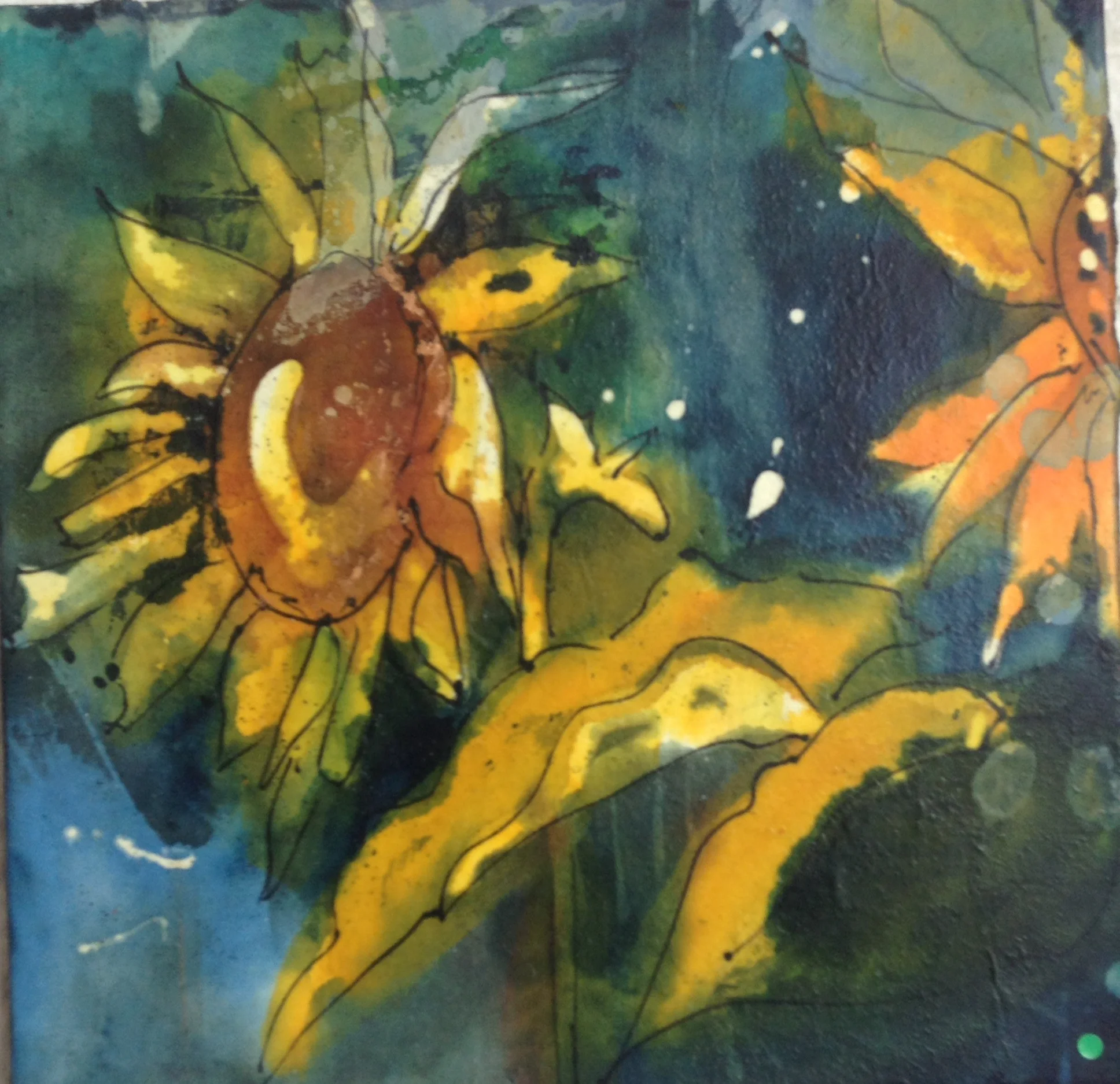 Sunflower 1 wax resist and inks on paper 