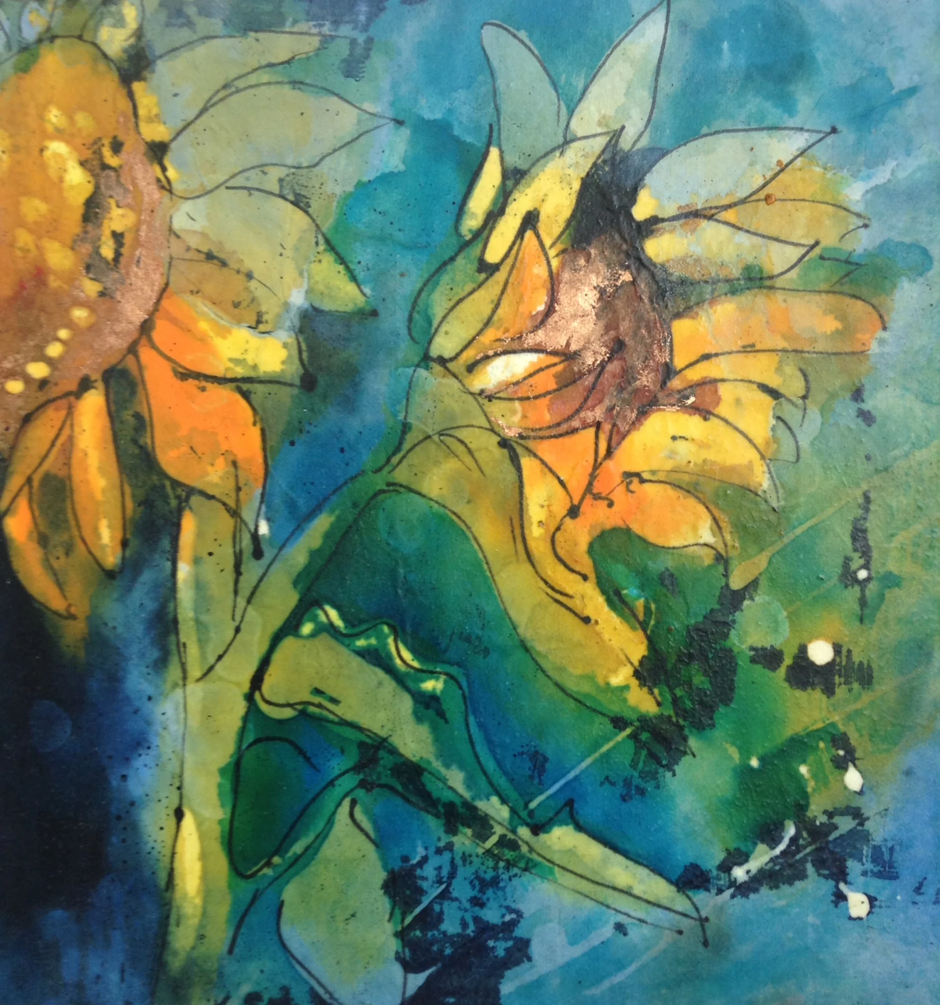Sunflower 2 wax resist and inks on paper 