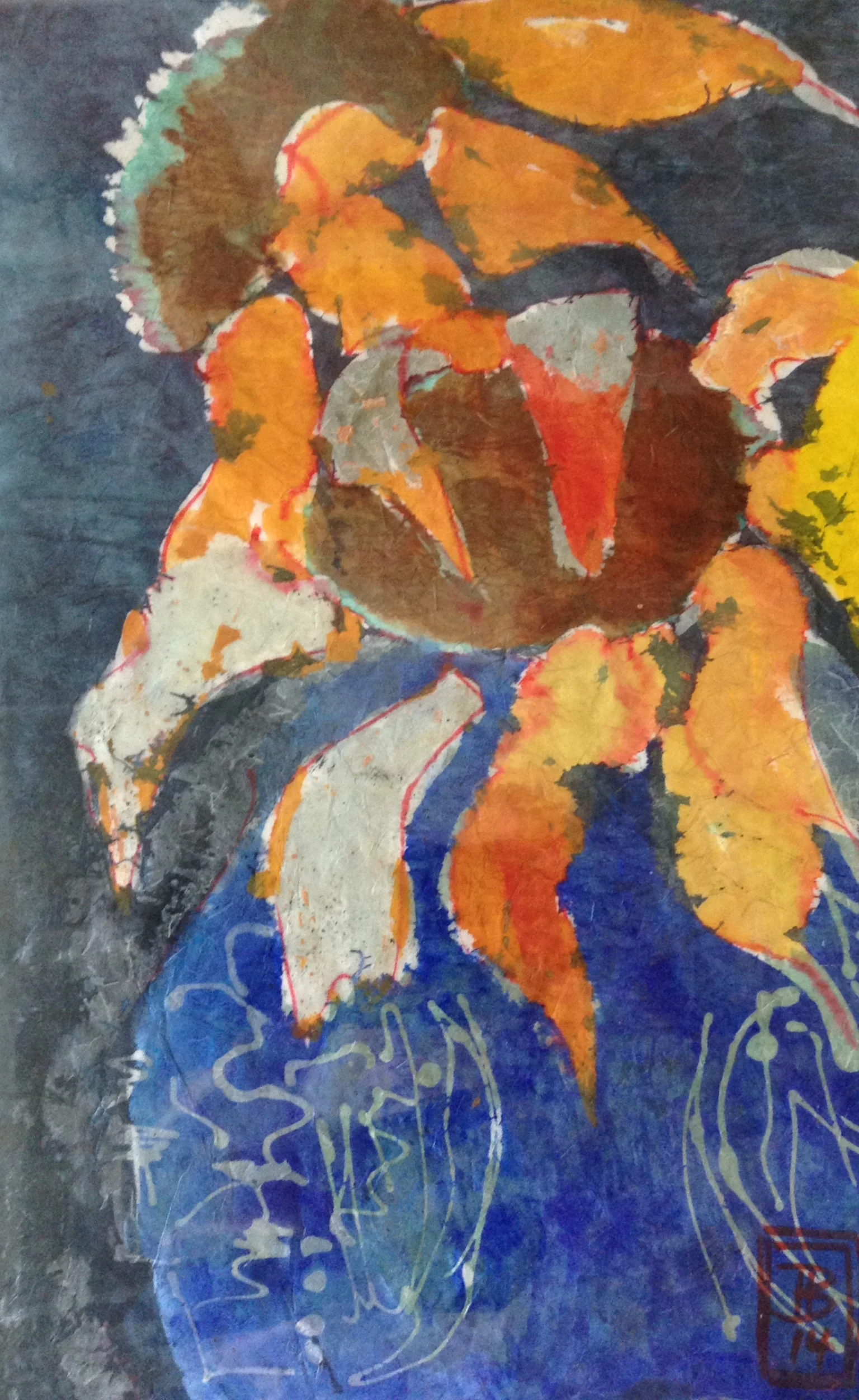 Sunflower in blue vase wax resist and inks on paper 
