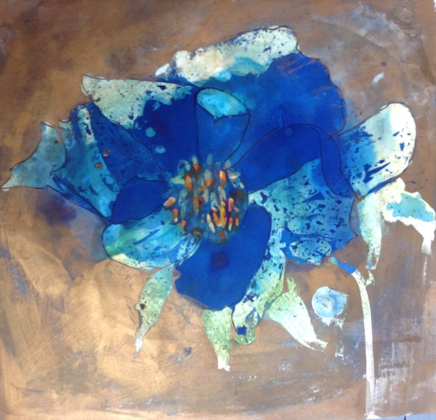 Blue Himalayan Poppy 2, wax resist and inks on paper, 