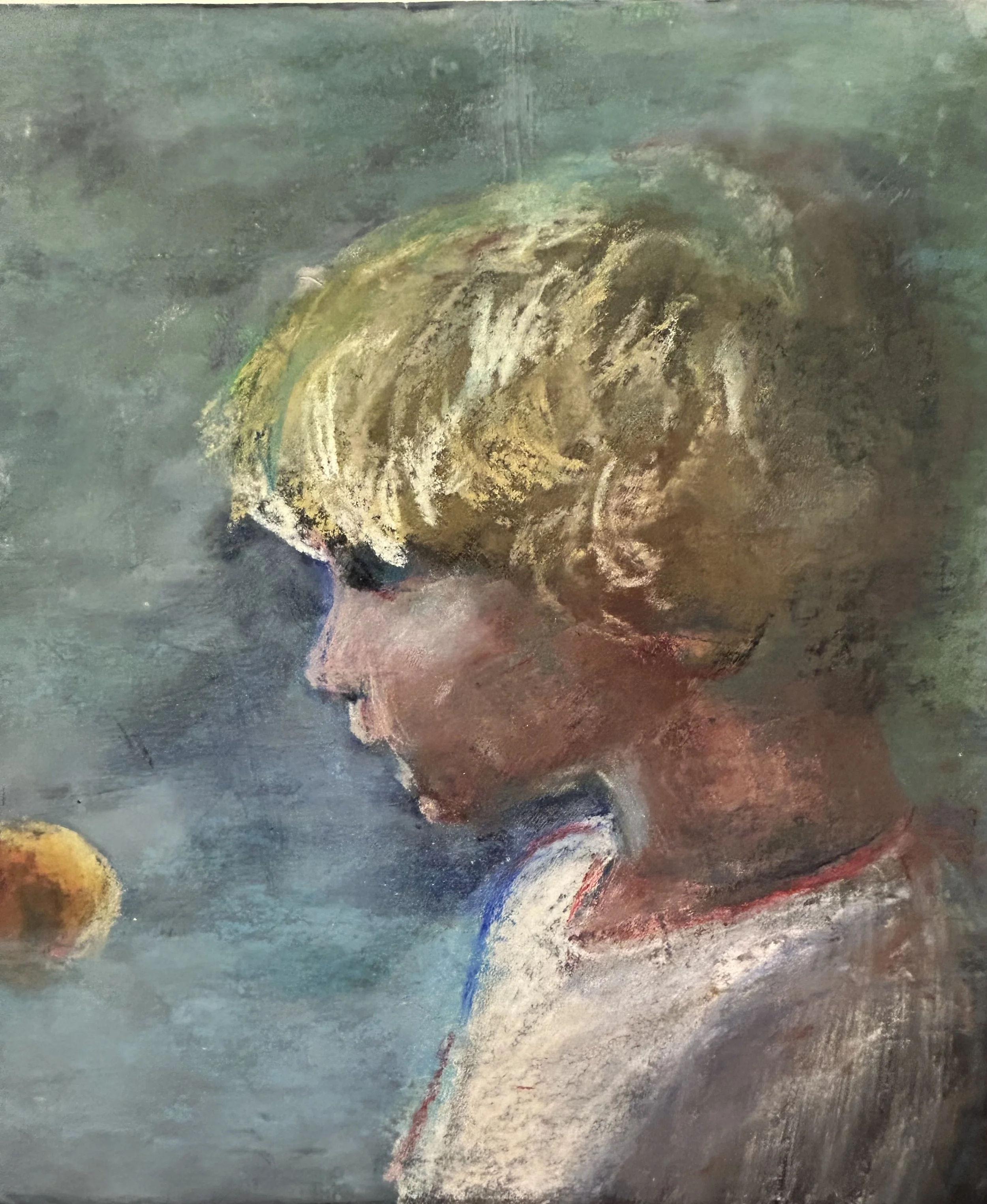 Boy and Orange, pastel/wax