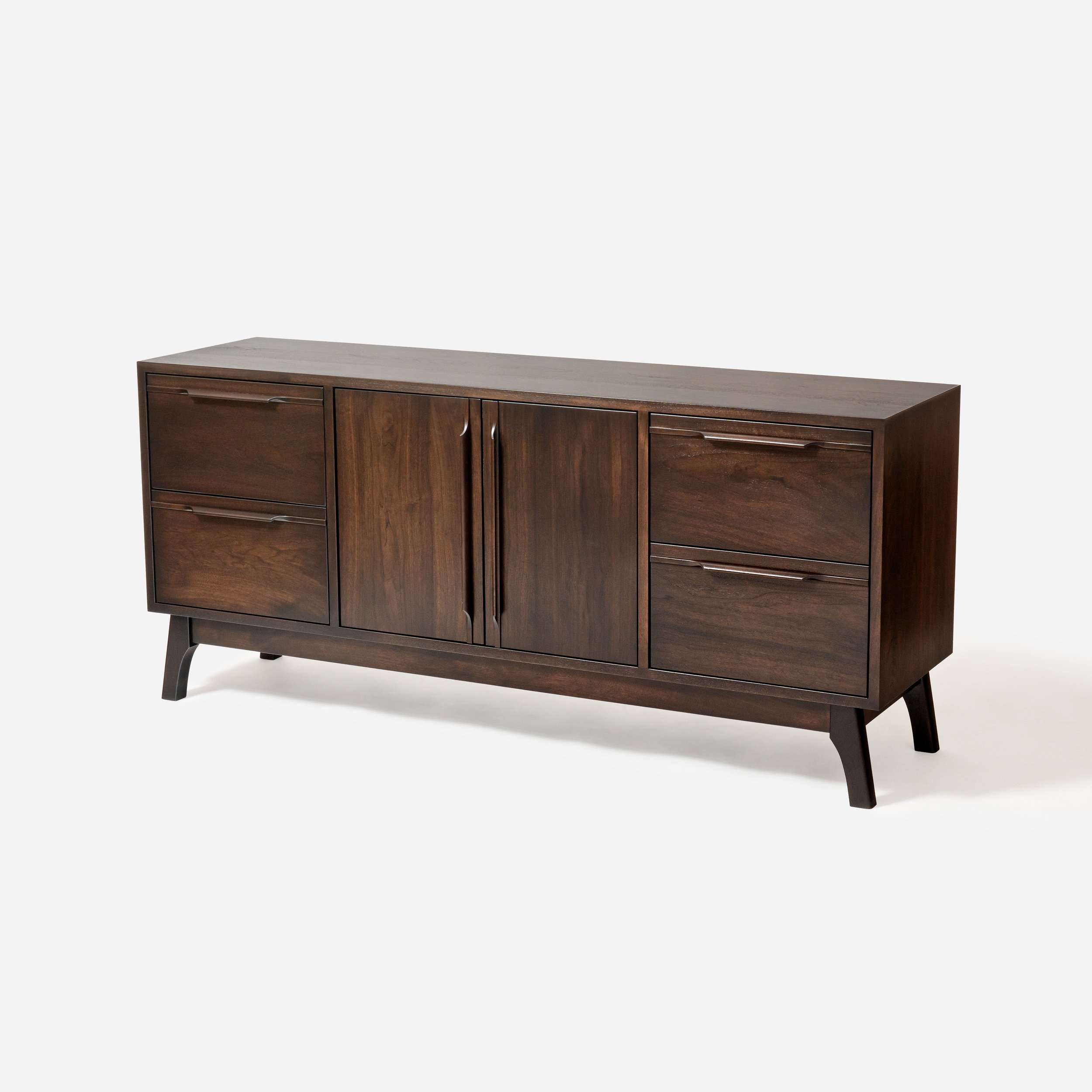 walnut credenza angled front – tapered legs – seamless surface with satin finish