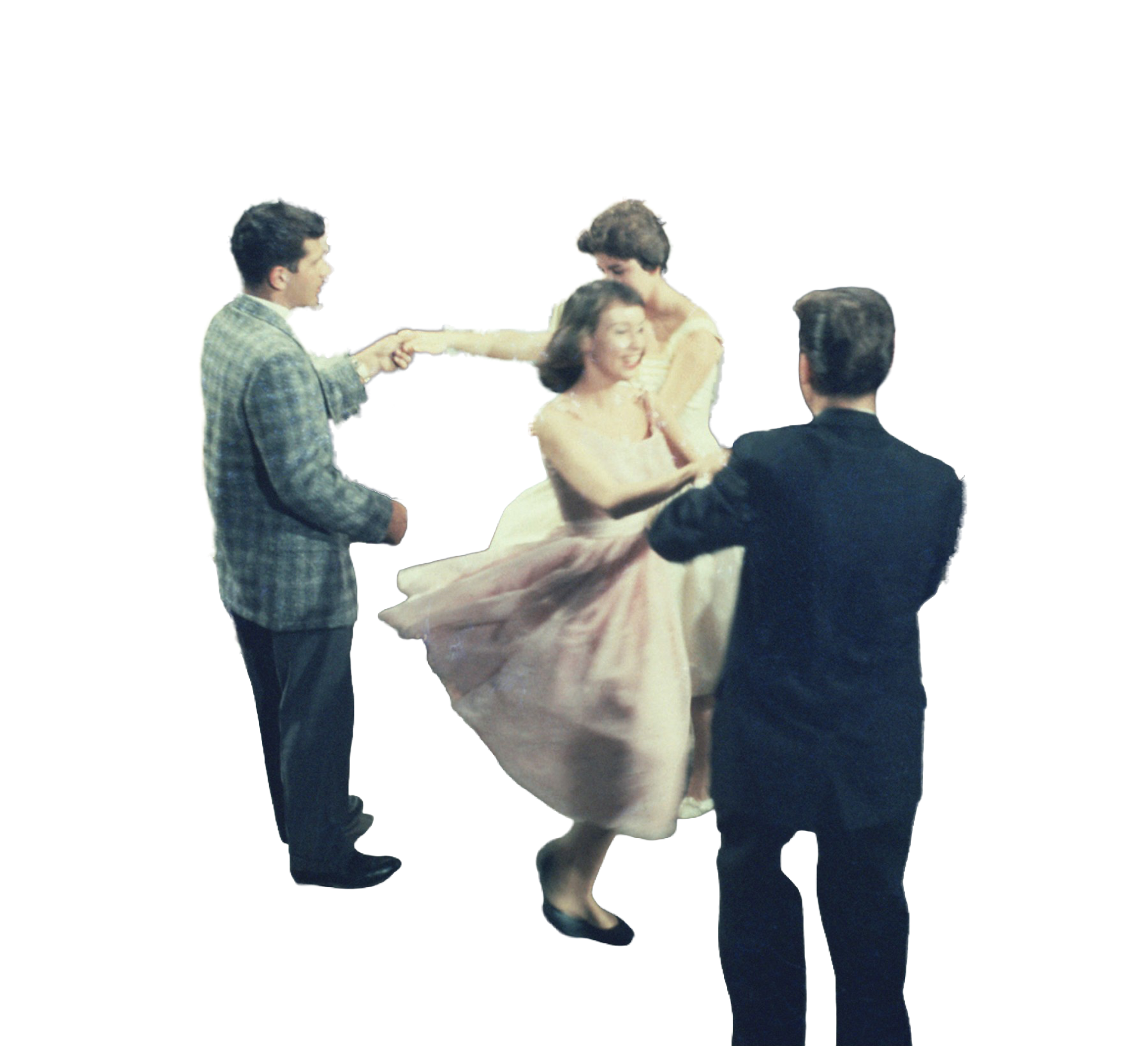 Four people, two men and two women, are dancing joyfully in retro attire, with the women twirling in dresses and the men holding hands with them.