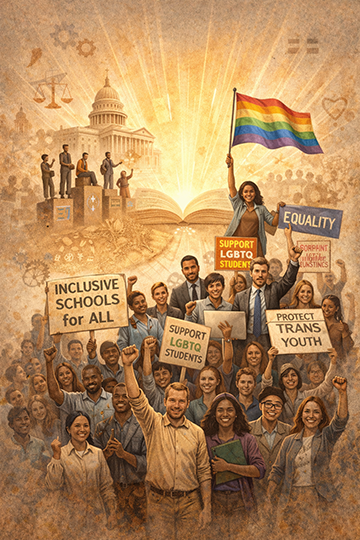 A diverse group of people holding signs supporting LGBTQ+ rights, including inclusive schools, support for LGBTQ+ students, and trans youth protection, with a person waving a rainbow flag, set against a backdrop of government buildings and open book.