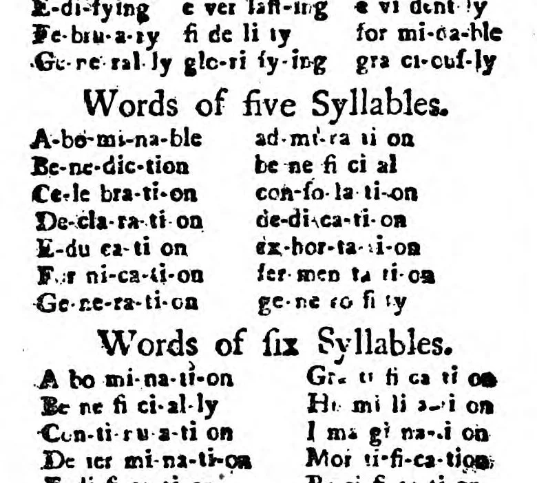 Page from a textbook showing examples of words with five and six syllables, including their phonetic breakdowns.