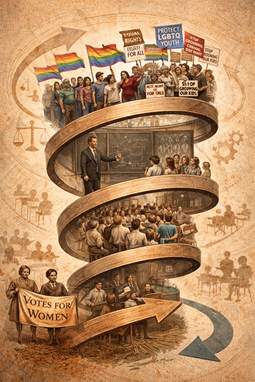 A spiral staircase with various groups of people advocating for rights, including LGBTQ rights, women's votes, and social justice, leading to a classroom scene with a teacher and students.