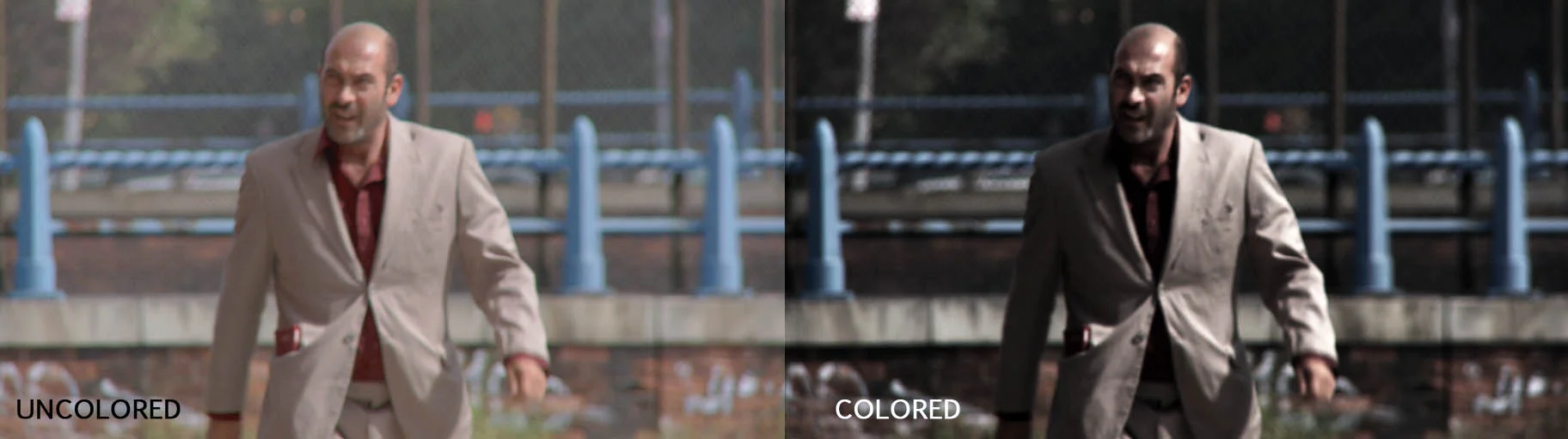 Above: The "normal" looking uncolored raw footage and the gritty desaturated high contrast look in the finished movie.