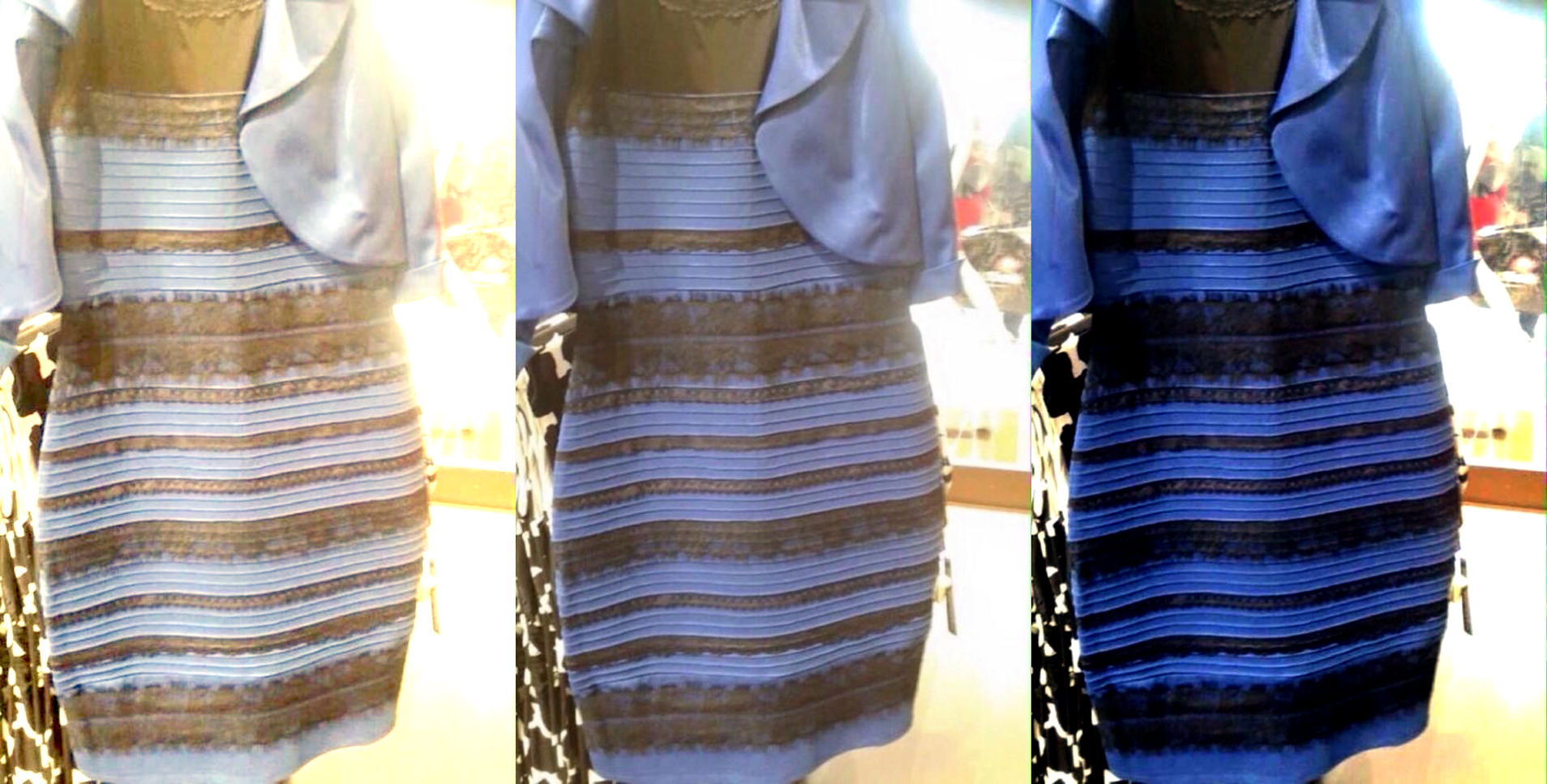 The original image is in the middle. At left, white-balanced as if the dress is white-gold. At right, white-balanced to blue-black.