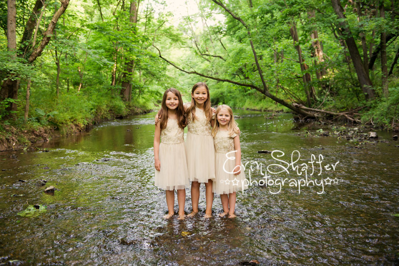 3 sister in creek with matching dresses - Mechanicsburg family photographer 