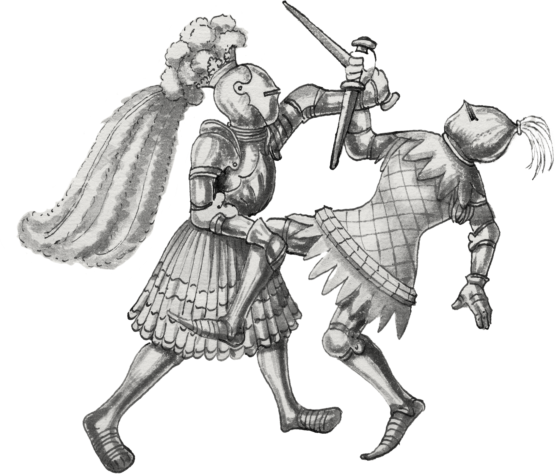 Vintage black-and-white illustration of a knight in armor fighting a medieval jester with a club