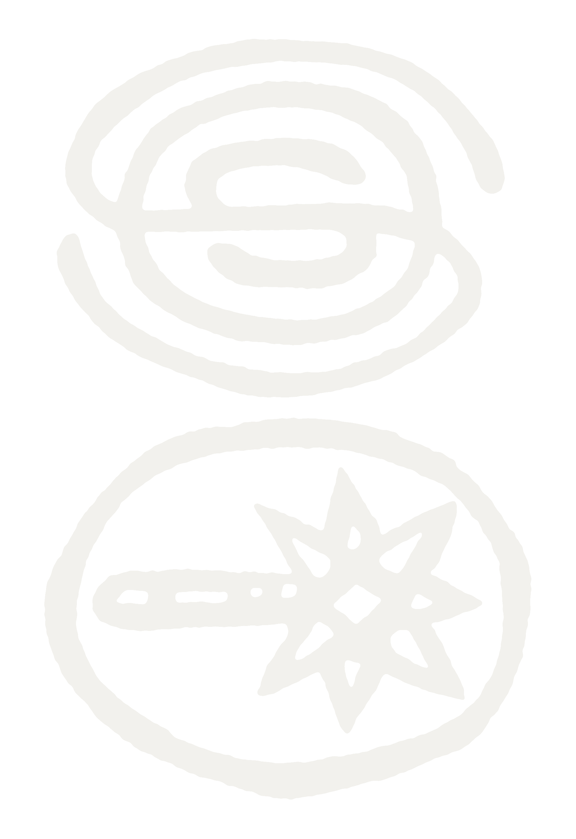 Illustration of a smiling face with a star on its chest, circular border around the face, and a peace sign in the lower circle.
