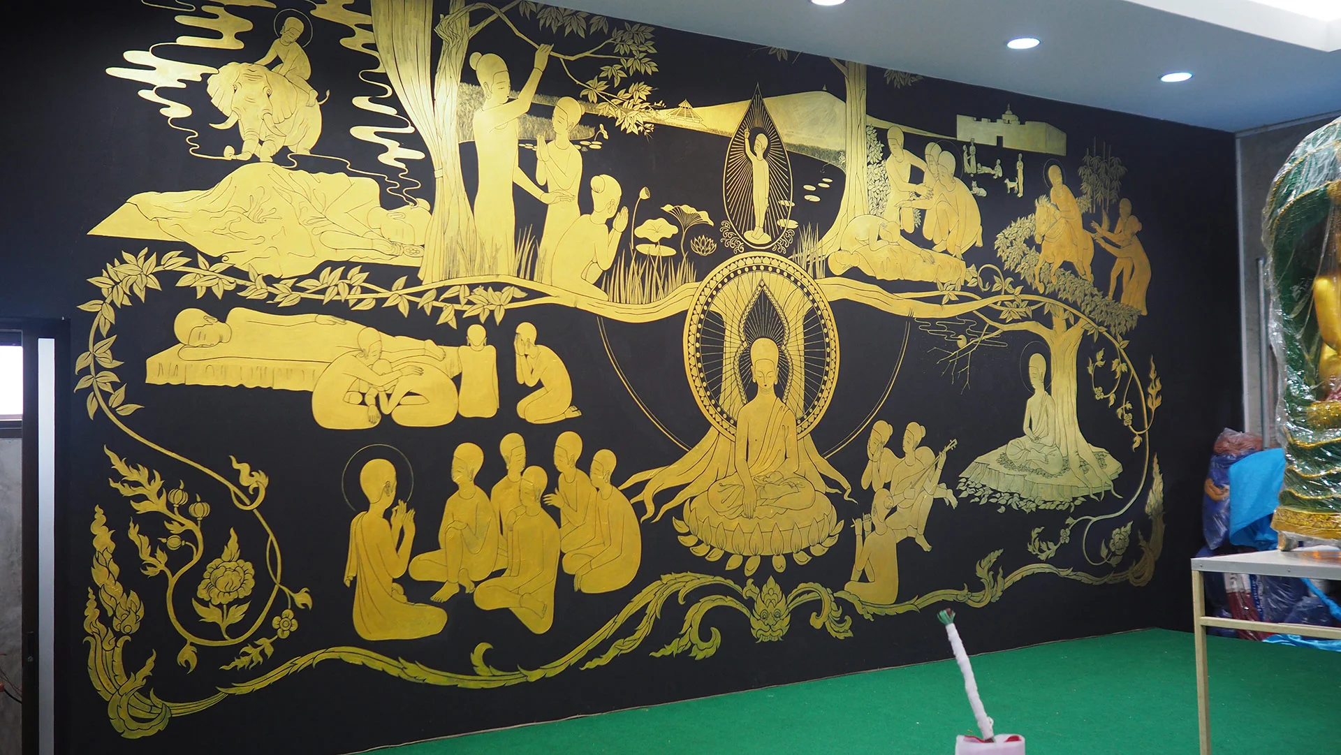 팔상도 八相圖 / Life of buddha Op. 0184PW - 600 x 250 cm, 벽에 아크릴 채색 / Acrylic on wall, 2017 Location: โรงเรียนดอยสะเก็ดผดุงศาสน์ Choeng Doi, Doi Saket District, Chiang Mai, Thailand