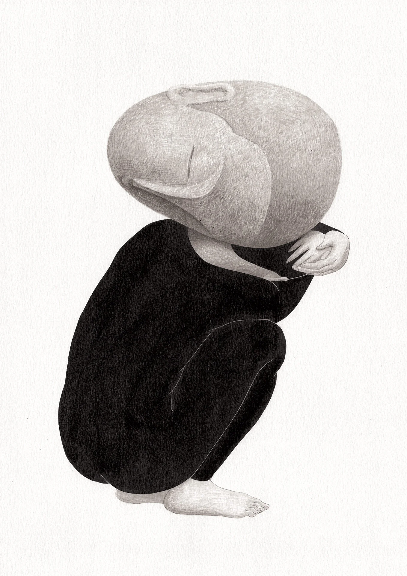 기억의 무게 / Weight of memories Op. 0189P - 29.7 x 42 cm, 종이에 잉크 / Ink on paper, 2017 inspired by the sculpture, 'Femme accroupie' by Claudel Camille