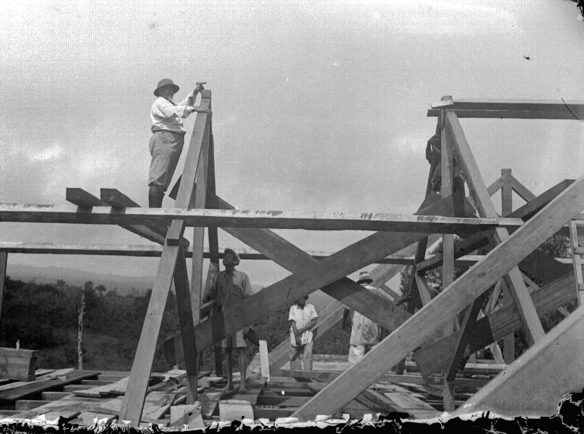 Construction in 1907 of farm buildings that would become Marangu Hotel central buildings.