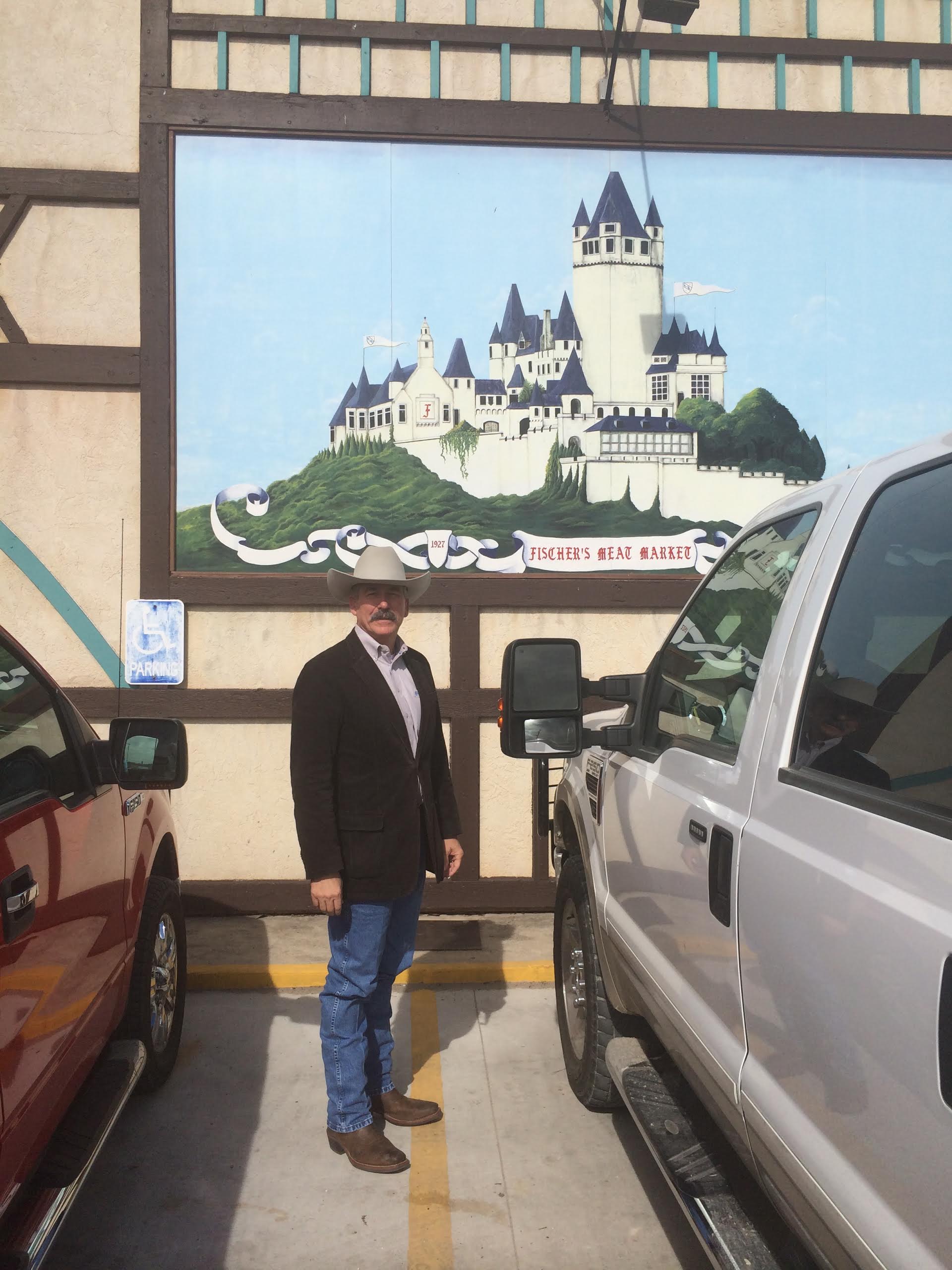 Muenster is a quaint little town with a unique German heritage. Check out the "German castle" mural on the Fischer building behind me. 