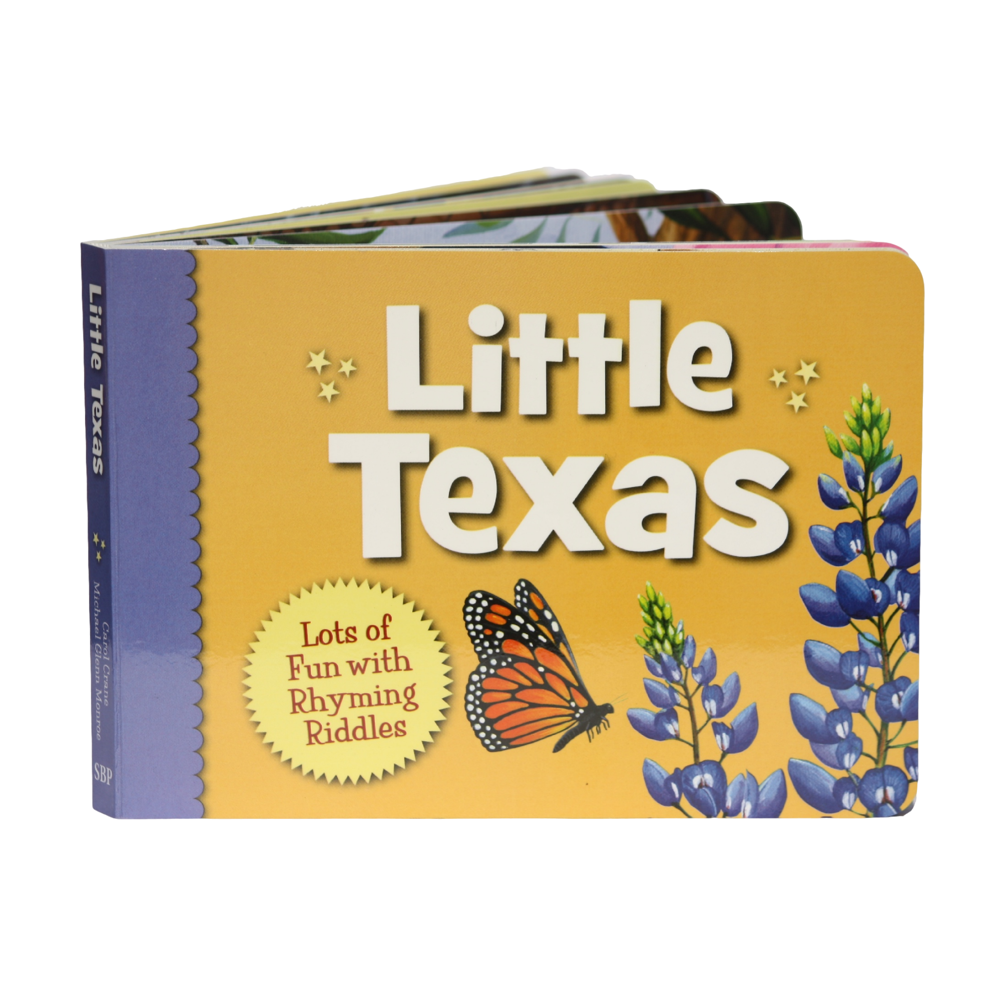 This board book has rhyming riddles about Texas specific things on each page and on the back has the answer. For example, "Riding along we see fields of blue, pretty little flowers, welcoming me and you.... bluebonnets." 