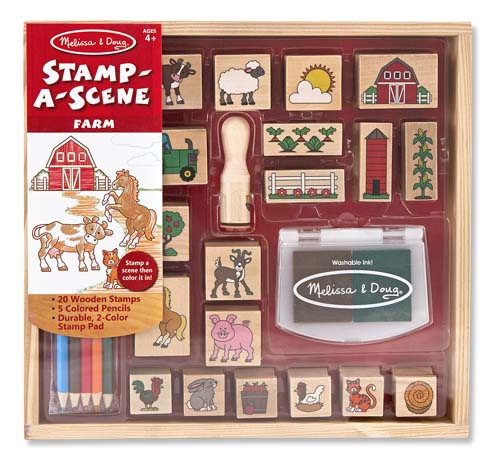 This extra-large set of barnyard themed wooden stamps makes it easy to create an exciting storyline or a color-in scene. It includes 20 rubber-faced, wooden-handled outline stamps and a two-color stamp pad filled with brown and green washable ink. Five colored pencils coordinate with the farm theme to add details and color in the barnyard scene. It's a complete arts & crafts activity and storytelling kit in one! Appropriate for ages 4 and up.