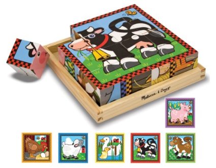 Six puzzles in one! There are 16 solid wooden cubes in this unique puzzle. Rotate the cubes in the included wooden tray to complete colorful pictures of six different farm animals. (The border design provides a helpful hint!) Appropriate for ages 3 and up.