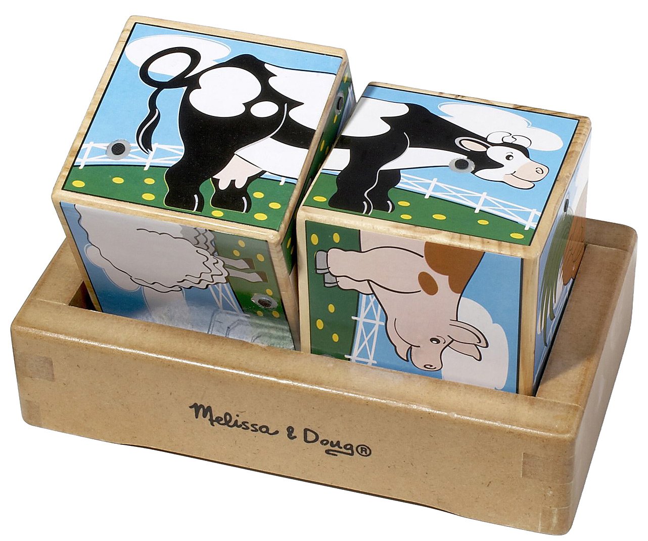The farm animals "sound off" when the two wooden cubes are properly placed in the wooden tray! Find the halves that match and listen to six realistic farm animal sounds. This helps to develop visual perception and fine motor skills. Appropriate for ages 2 and up.