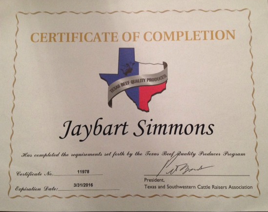 The Beef Quality Assurance Certificate