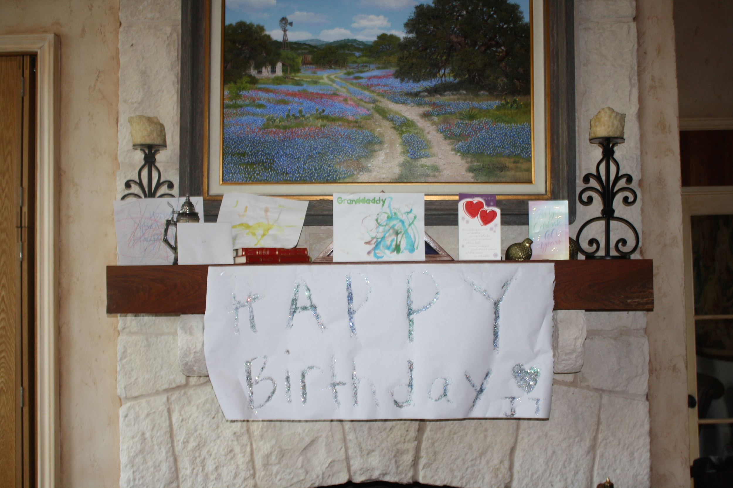 Handmade birthday cards and a big glittery birthday sign all created with love by the little cowboys!