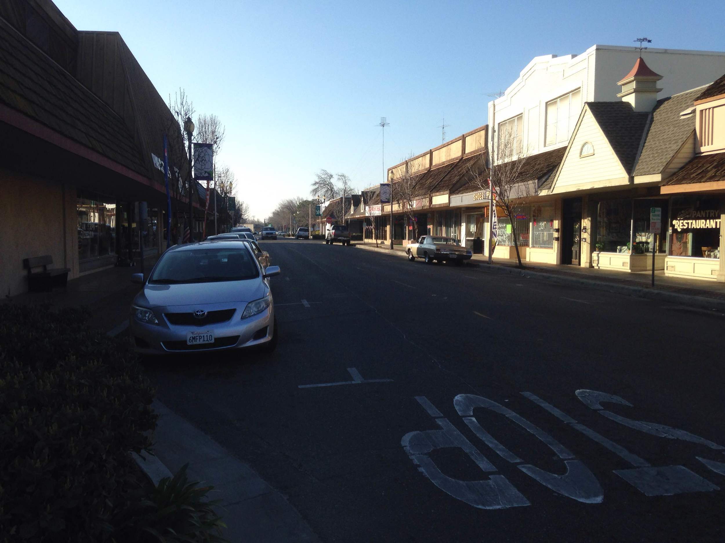 Looking northwest along Broadway, the main boulevard of Atwater's historic downtown. Bond proceeds will be used to improve this street.
