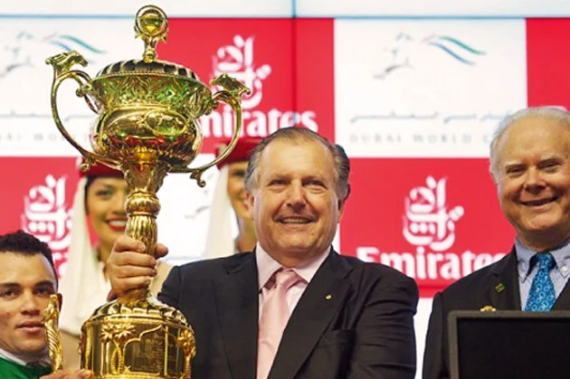 John Messara of Arrowfield, Barry Irwin of Team Valor and jockey Joel Rosario receive the Dubai World Cup