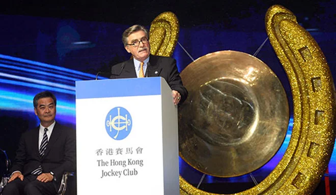 Mr T. Brian Stevenson, Chairman of the Hong Kong Jockey Club, delivers a welcome speech at the 35th Asian Racing Conference opening ceremony / HKJC (p)
