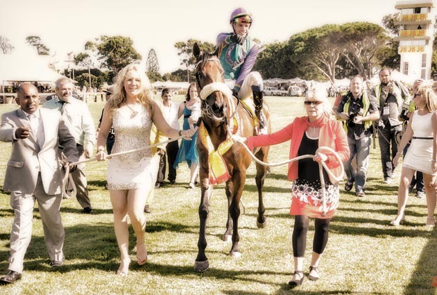 Sabine Plattner and Yogas Govender with J&B Met winner Martial Eagle