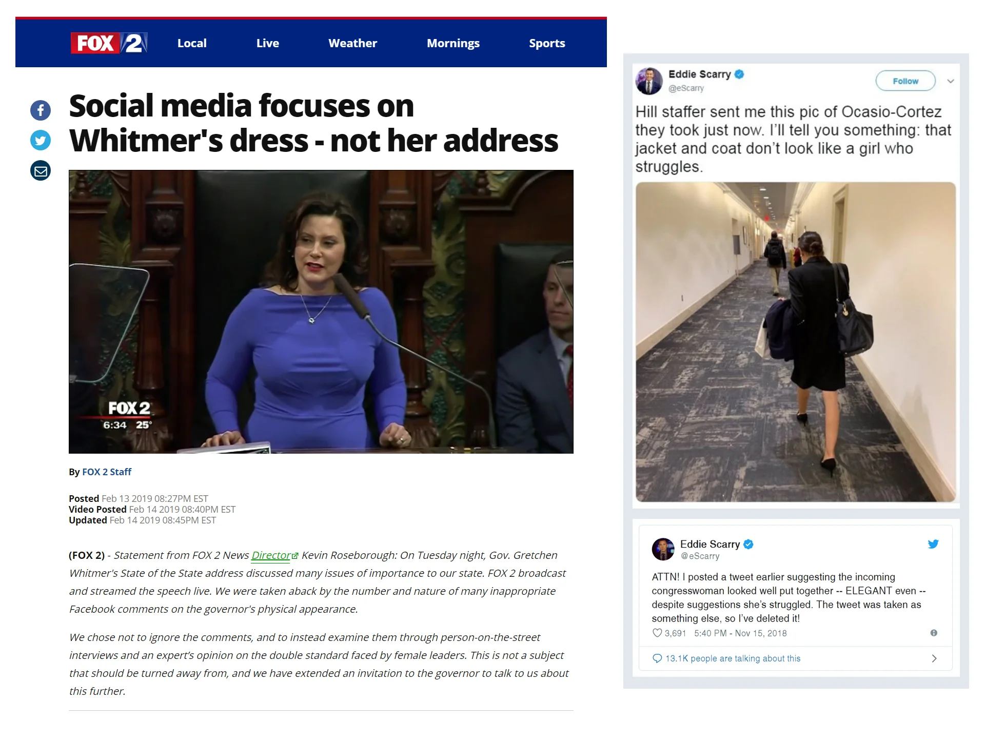 (L) Fox News 2 coverage of Gov. Gretchen Whitmor / (R) Eddie Scarry tweet criticizing Rep. Alexandria Ocasio-Cortez’s wardobe