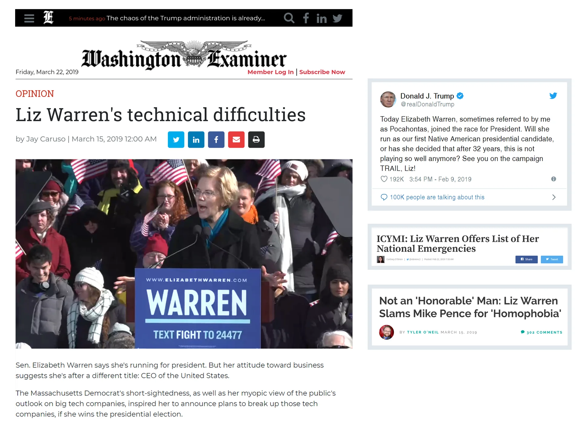 Headlines using the nickname “Liz” after Donald Trump tweet in February 2019