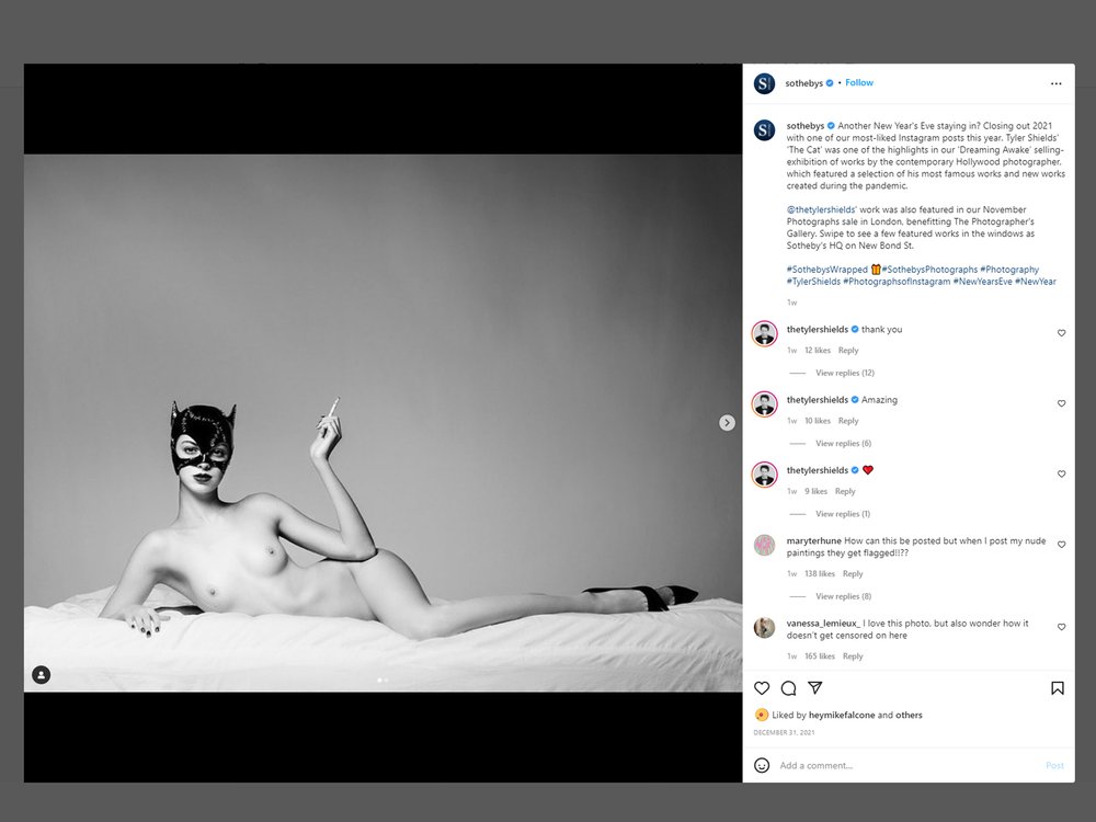  Screenshot of @Sothebys Instagram post of Tyler Shields’ “The Cat” on December 31, 2021. 