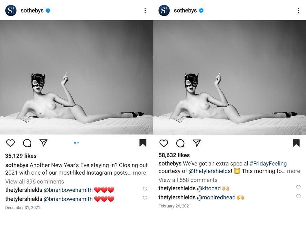  @Sothebys Instagram posts showing activity and comments from February 26, 2021 and December 31, 2021. The posts still remain uncensored and unflagged on @Sothebys profile .  
