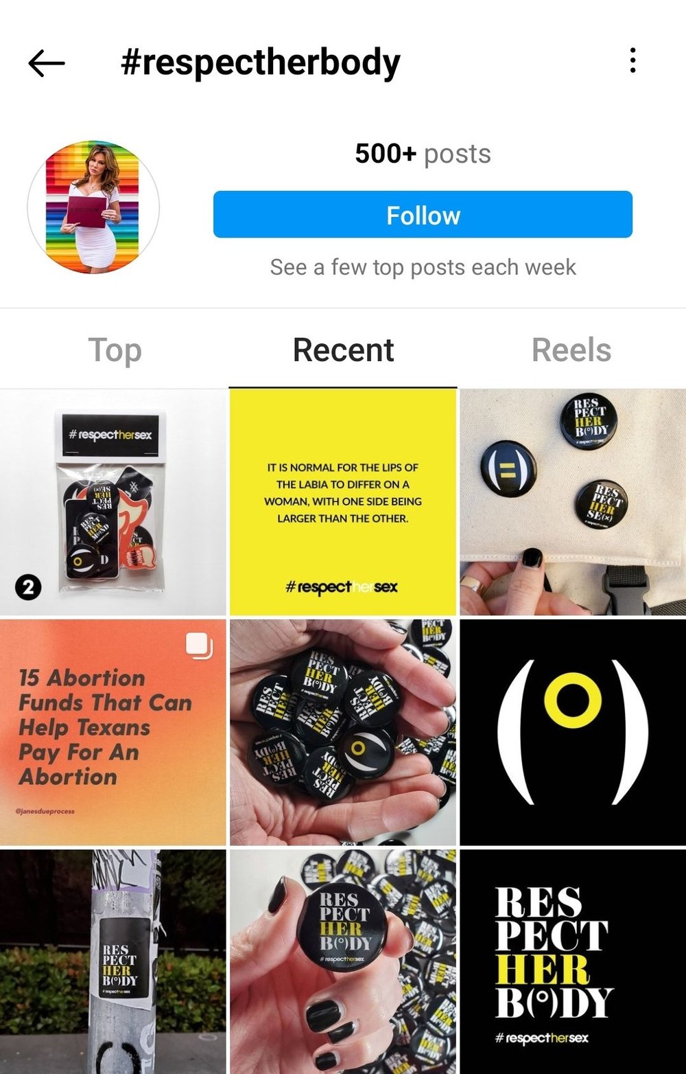  Instagram search results under the hashtag #RespectHerBody. The Recent Posts results do not display the latest post for The Femme Project displaying body images and discussing real bodies. 