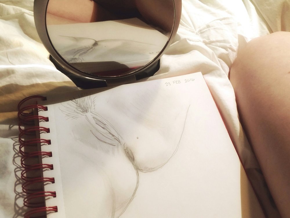  In addition to examining my digital self, I also made space to really  see  my body. In an exercise to do just that, I created various  sketches of my vulva using a mirror. I wrote about the process in an essay,  “Drawing Vaginas,”  which has been t