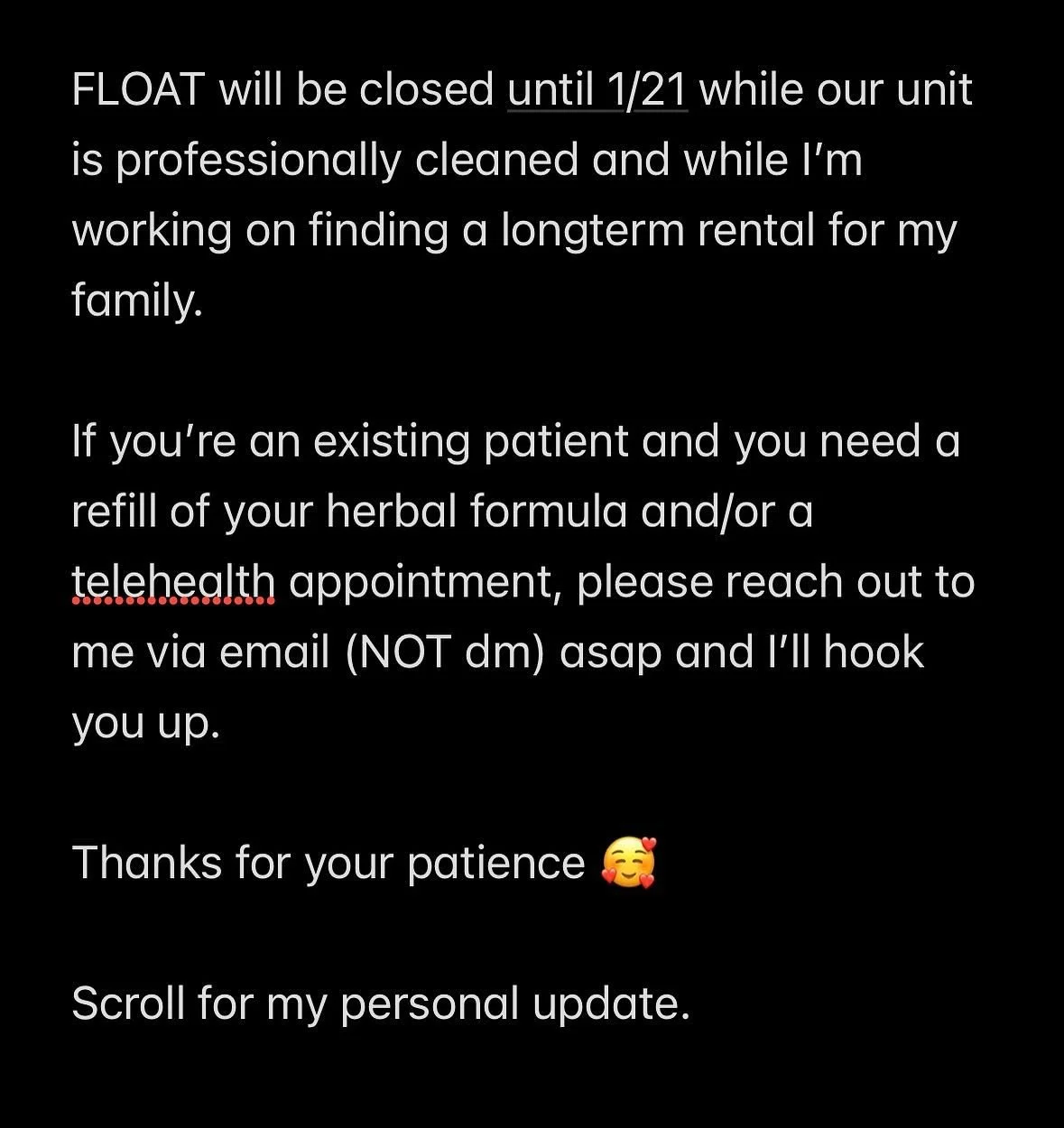 Thank you for all of the check-ins. FLOAT will be closed for in-person appointments this week, reopening on 1/21 so fresh and so clean. 🥰 Toggle through these slides to read my personal story. #altadenastrong