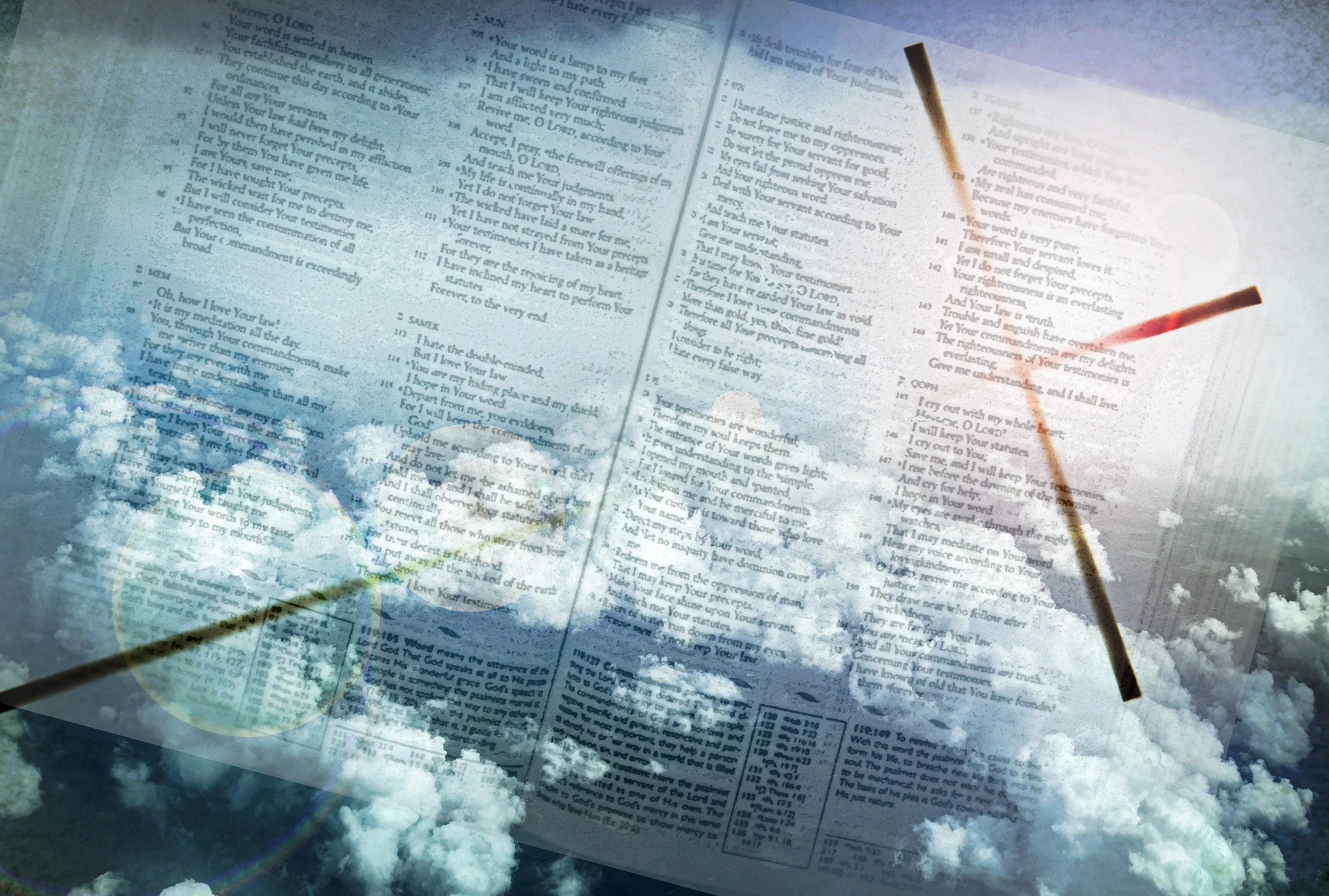  Here is a combination of three different images I put together in Photoshop. The bottom image was from a film image I shot many years ago of an open Bible. Another image is of a cross. The last image I photographed above the clouds in an airplane. I
