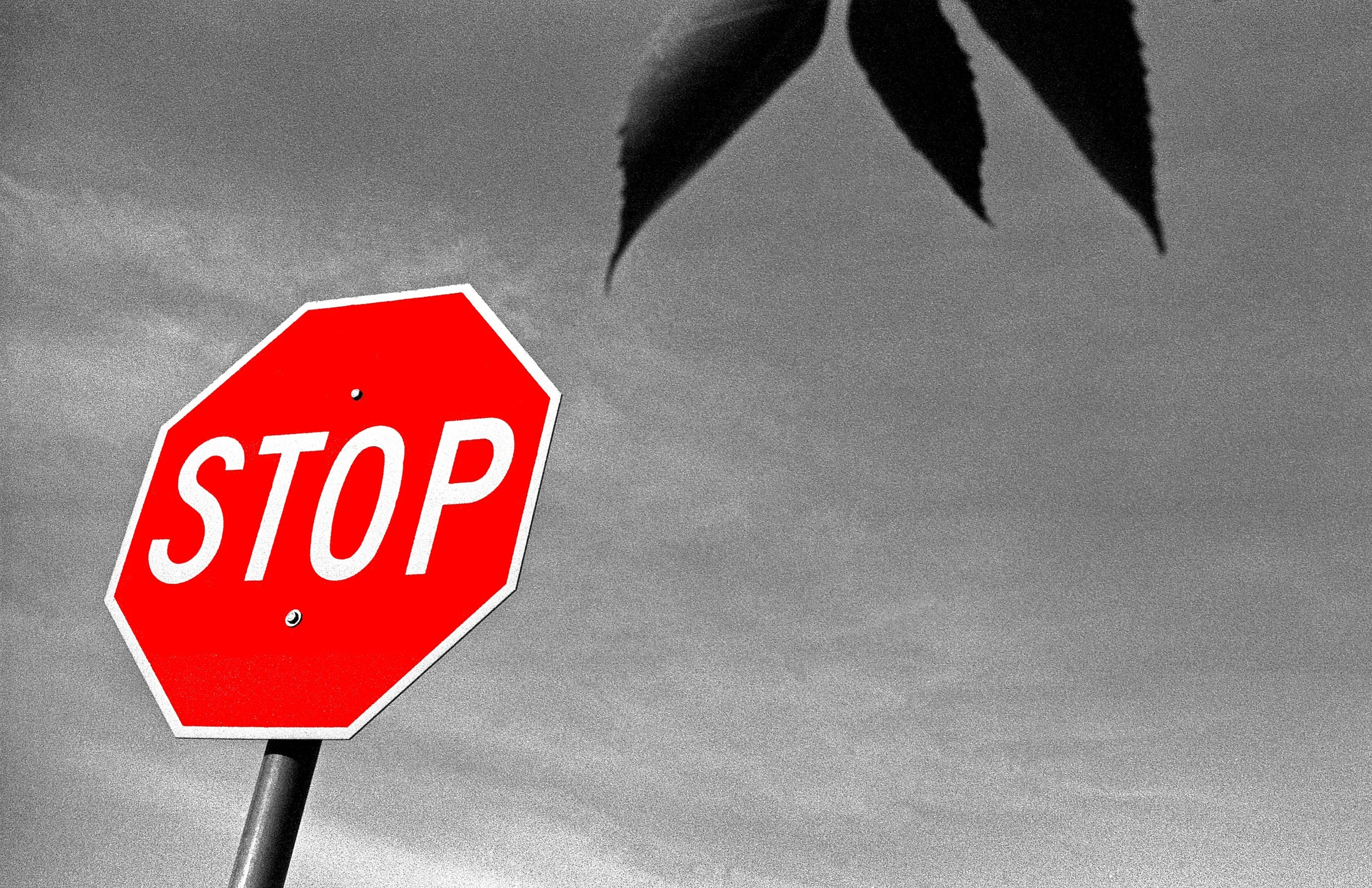  I was out walking around with a wide-angle lens with black-and-white film, I photographed this image and scanned it into Photoshop I decided to add a splash of red color on the stop sign. 