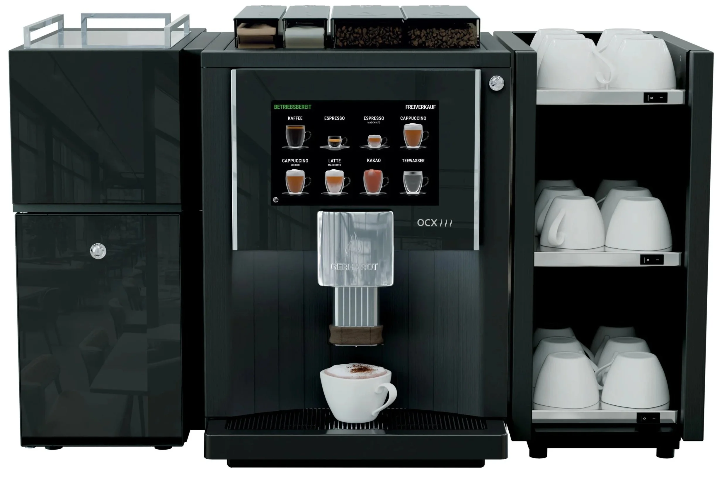 Zwei Milch-Varianten, zwei Bohnen-Sorten und zwei Pulvergetränke, automatisch in die vorgewärmte Tasse. Das ist Profi-Qualität.