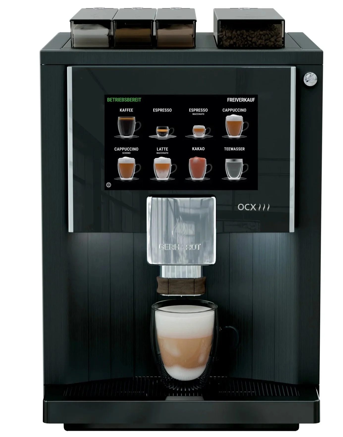 Wenn Frischmilch keine Option ist, dann ist die Gerhardt OCX mit Milchpulveroption die Wahl für außergewöhnlichen Kaffeegenuss.