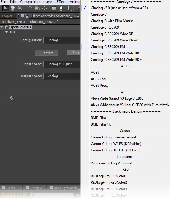The Cinelog-C OpenColorIO configuration options